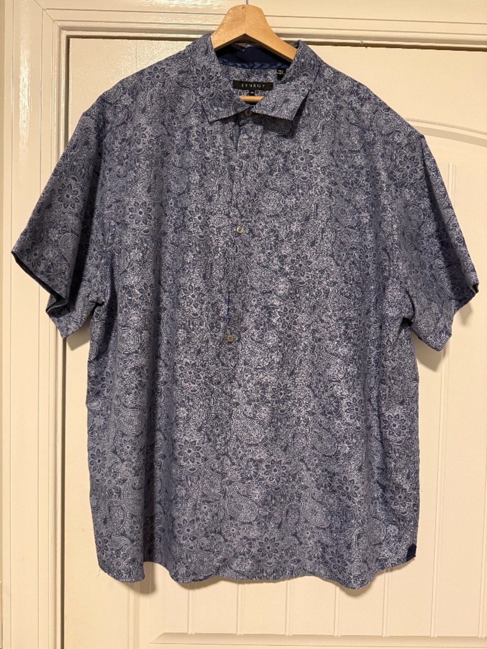 SYNRGY Men’s Paisley Button-Up Shirt 2XL Blue Floral Short Sleeve Casual Shirt